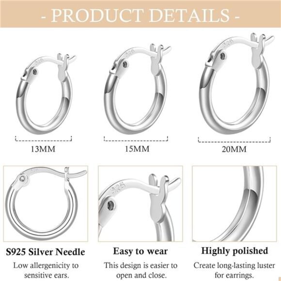 New 3 Pairs 925 Sterling Silver Hoop Earrings | Small White Gold Plated Hoop - Picture 2 of 7